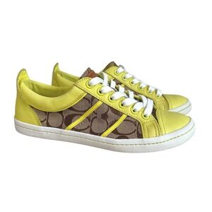 Coach Alivia Sneakers Womens 7 Yellow Brown Signature Monogram Canvas Q1788